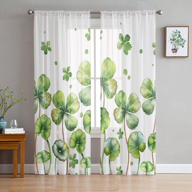 Transparentes Tüllvorhang Super Six mit floralem Aquarell-Design in Grün und Weiß, Breite: 135 cm, Höhe: 114 cm - Bild 1