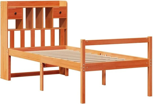 vidaXL Massivholzbett aus Kiefernholz mit Kopfteil und Regal in Braun, B/H: 75 x 190 cm - Bild 1