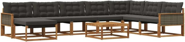 vidaXL Outdoor-Sofagarnitur L-Form aus Akazienholz mit 9 Textilene-Kissen in Schwarz und Braun - Bild 1