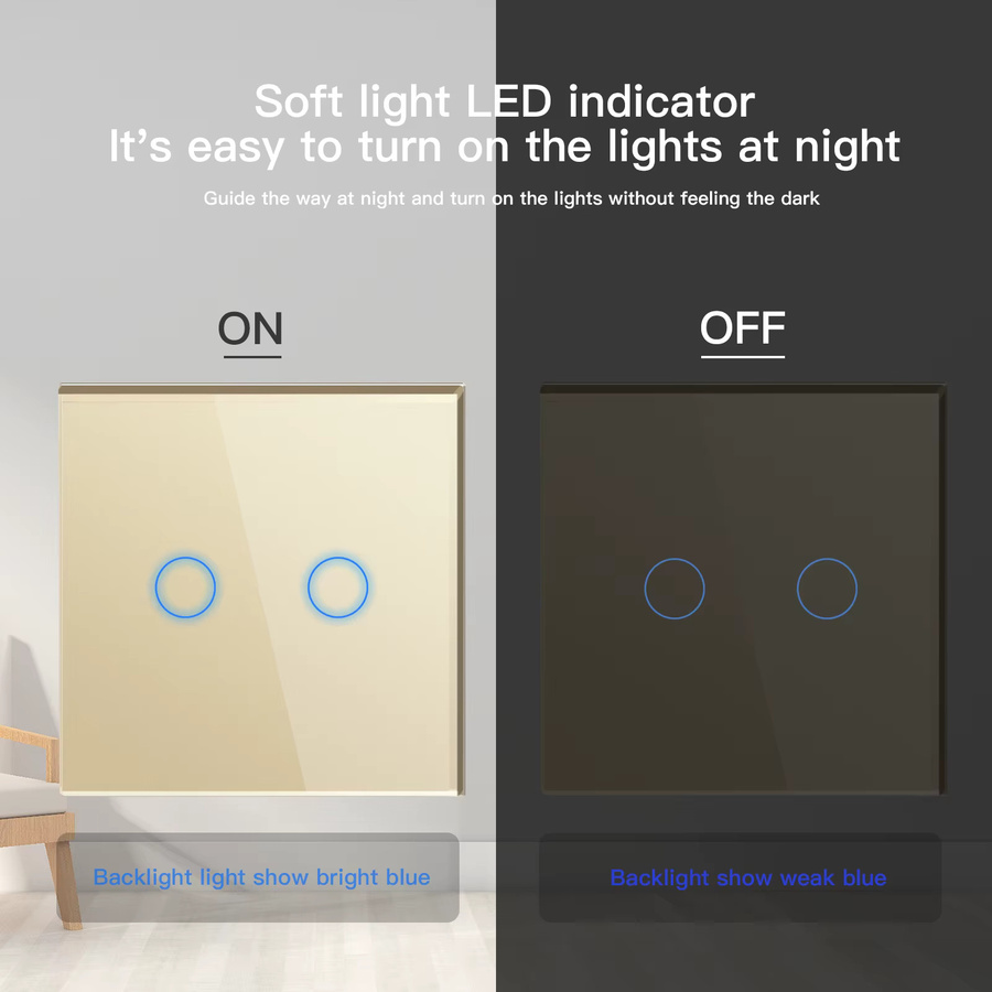 Besamen Touchscreen Lichtschalter mit LED-Hintergrundbeleuchtung und Glasscheibe, Schwarz, 1-Wege, max. 300W - Bild 2