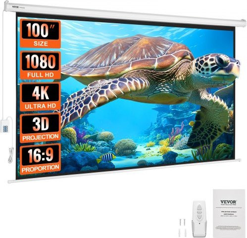 VEVOR Motorisierte Projektor-Leinwand 100 Zoll 16:9 in Weiß mit Fernbedienung für 4K und 1080p HD zur Wandmontage - Bild 1