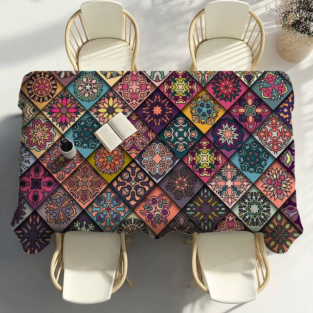 Fancy Style Studio Tischdecke mit buntem Mandala-Kachelmuster, wasserabweisend und fleckenabweisend, B/B: 100 x 140 cm - Bild 1