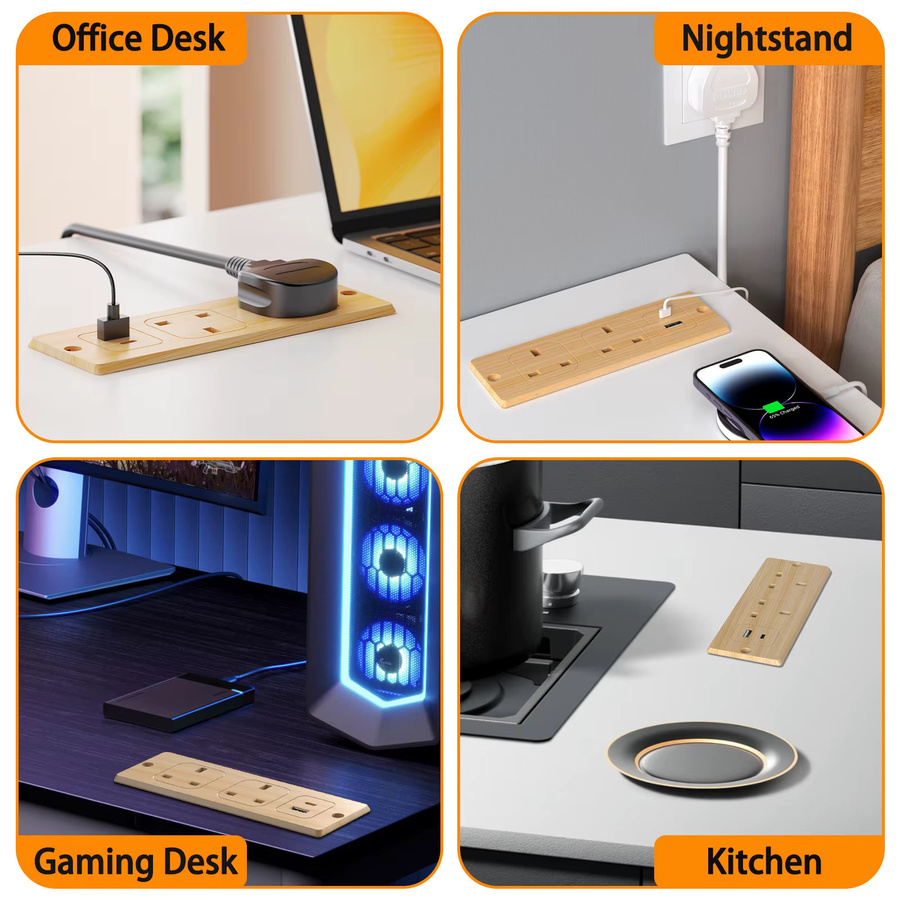 HITRENDS UK-Steckdose für Einbaugeräte mit 2 AC-Anschlüssen und USB-C PD 20W Schnellladung sowie 2 Meter Verlängerungskabel - Bild 3