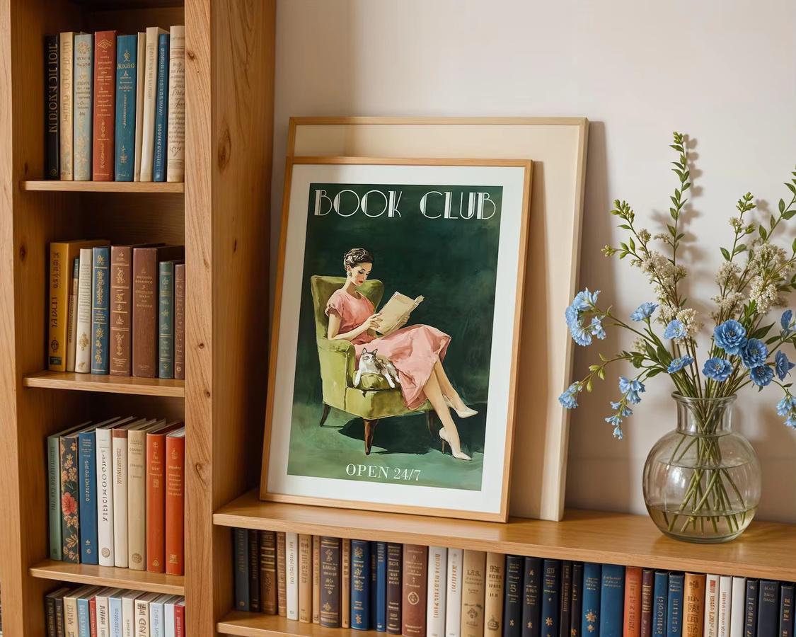 Vintage Book Club Wandkunst Retro Poster mit lesender Frau und Katze als Mehrfarbiger Digitaldruck - Bild 3
