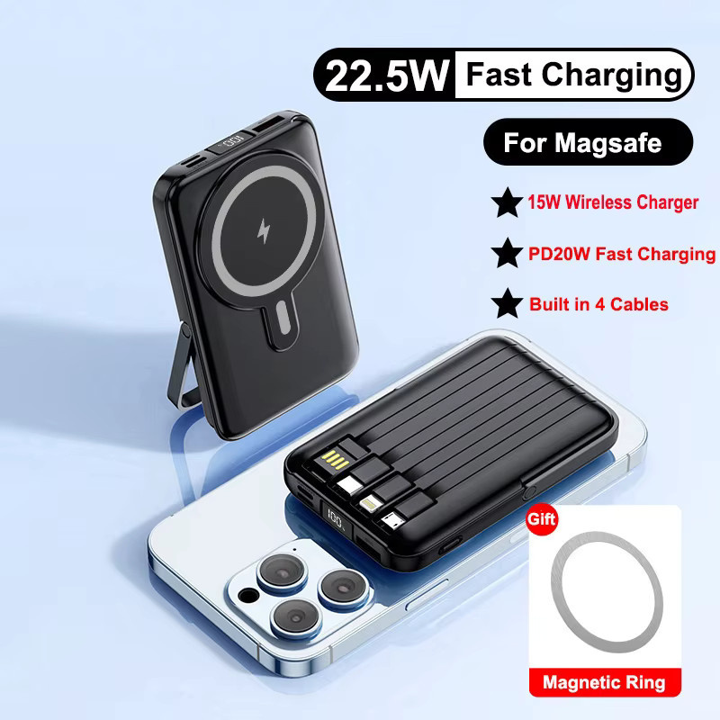 Magnetische kabellose Power Bank mit eingebautem Kabel, 20000mAh, 22,5W Schnellladung, Farbe: Blau - Bild 2