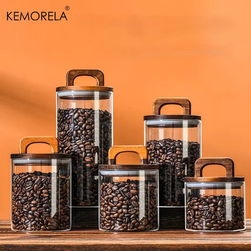 Luftdichter Vorratsbehälter aus Glas mit Holzdeckel von KEMORELA, transparenter Glasbehälter für Lebensmittel, Tee oder Kaffee, 0,7 l - Bild 2
