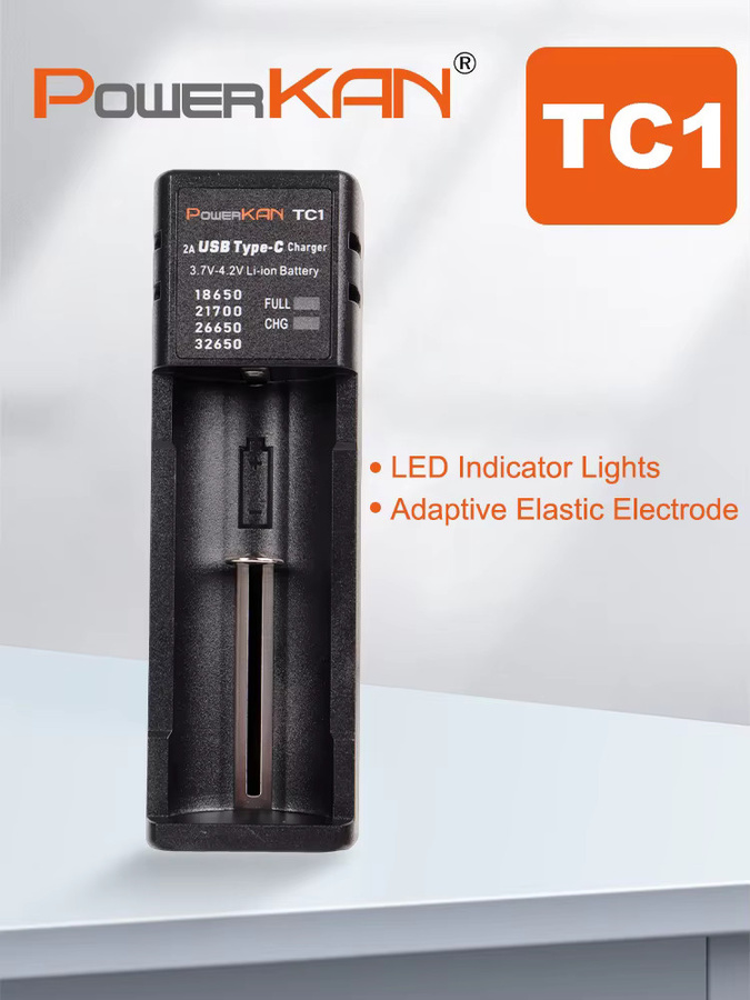 POWERKAN TC1 Intelligentes Ladegerät mit Mikrocomputersteuerung für Li-Ion Akkus 18650 21700 26650 20700 22700, USB-C, Schwarz - Bild 3
