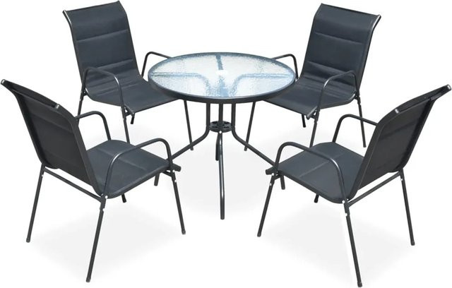 vidaXL 5-tlg Garten-Essgruppe Modell 8 aus Stahl in Schwarz mit runder Glasplatte und Textilene-Stühlen - Bild 1