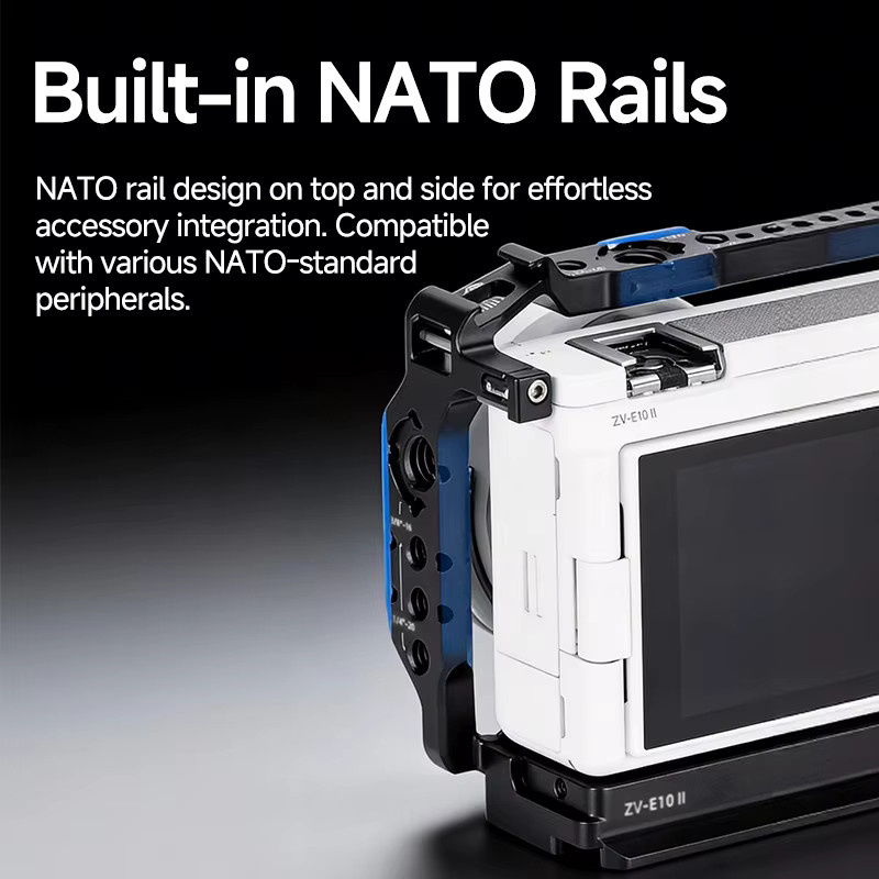 Sony ZV-E10 II Kamera-Cage mit Silikongriff in Schwarz mit NATO-Schienen und Multi-Interface-Erweiterung für Vlogging und Filmmaking - Bild 4