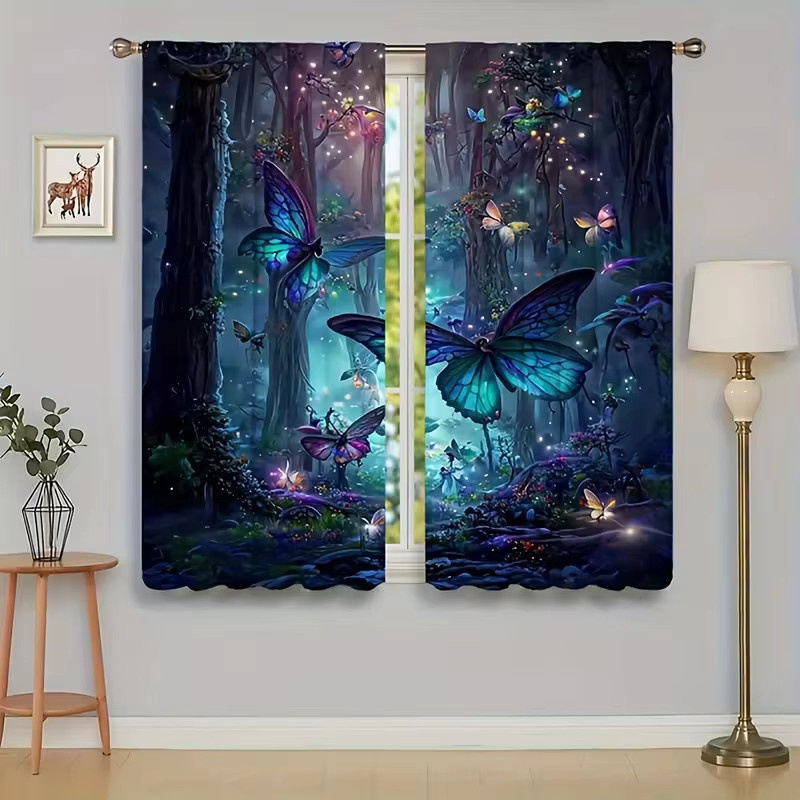VIKAMA Blaue Schmetterlings-Wald-Vorhänge, halbtransparente Natur-Vorhänge mit floralem Design und Stangentasche, Breite: 116 cm, Höhe: 116 cm - Bild 2