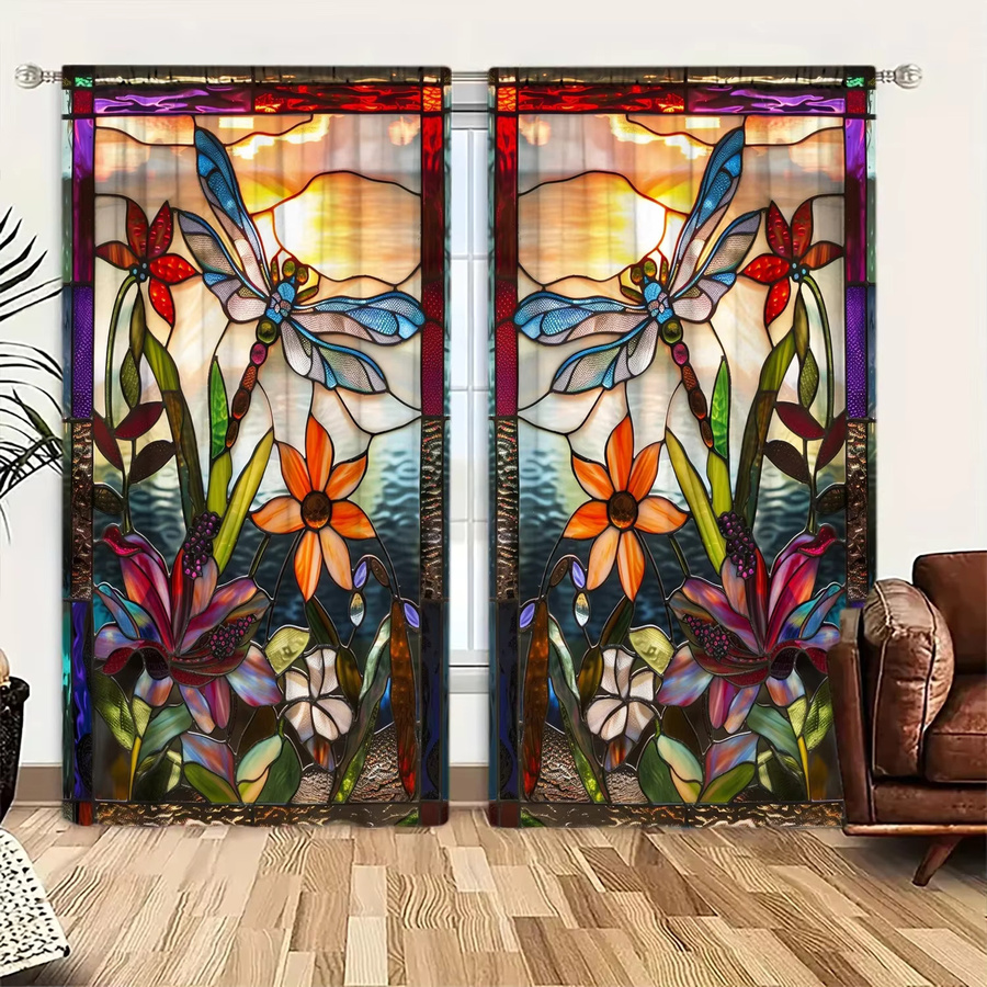 2er-Set VOZMIO Buntglas-Vorhänge mit Libellen-Motiv in Multicolour, transparente Stoffpaneele im Art Nouveau Design - Bild 3