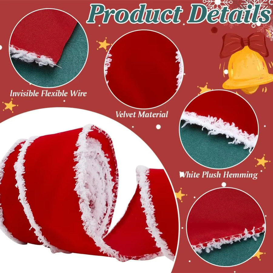Rotes Weihnachts-Samtband mit weißen Fransen, Breite: 6,35 cm, Länge: 9,14 m - Bild 4