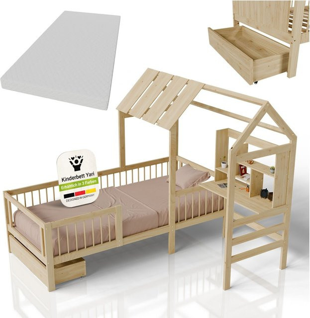 Juskys Kinderbett Yari aus Kiefer mit integriertem Schreibtisch und Schubladen in Natur - Bild 1