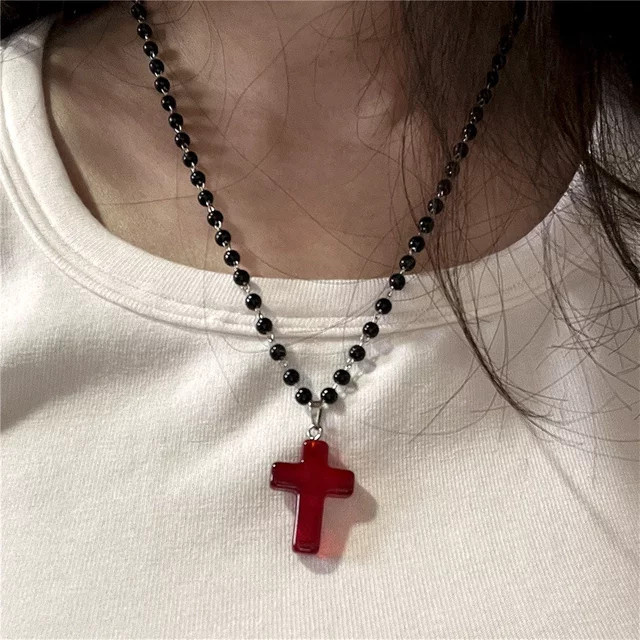 imixlot Halskette, Kreuz Anhänger, Rotes Glas, Schwarze Perle, Unisex - Bild 1