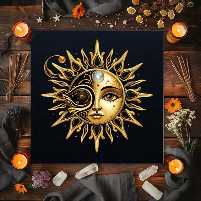 VIKAMA Tischdecke Sonne und Mond in Schwarz und Gold im Boho-Stil für Meditation und Dekoration - Bild 1