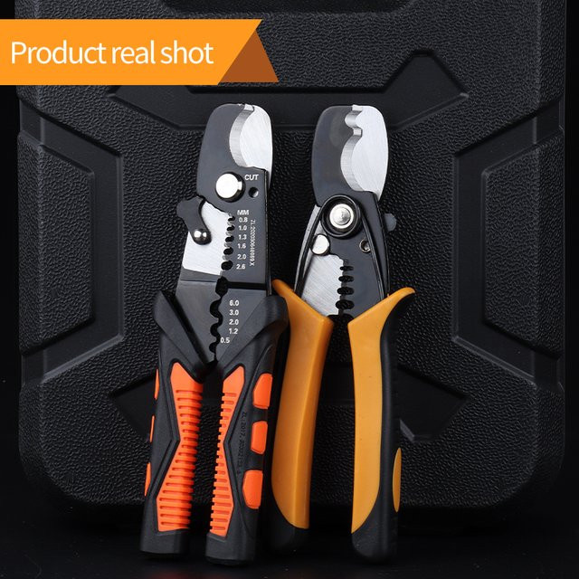 Professioneller automatischer Drahtabisolierer für Elektriker mit Hartmetallstruktur in Schwarz-Orange-Gelb - Bild 1