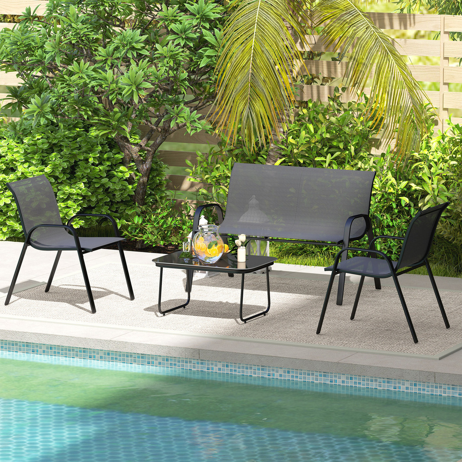 Outsunny 4-teiliges Gartenmöbel-Set in Schwarz mit 2-Sitzer-Sofa, 2 stapelbaren Stühlen und Glastisch aus Textilene und pulverbeschichtetem Stahl - Bild 2