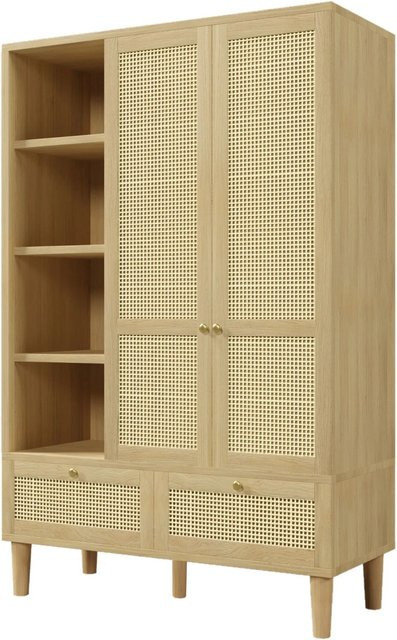 Merax Kleiderschrank im skandinavischen Design mit Rattan und integrierten Schubladen, Eiche, B/T/H: 120 x 50 x 180 cm - Bild 1