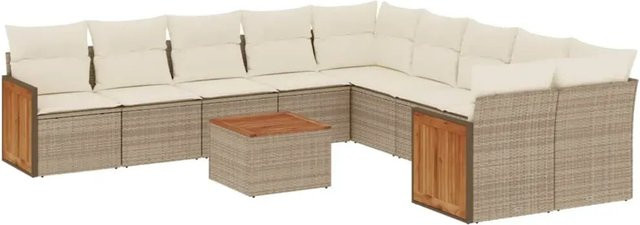 vidaXL 11-tlg. Garten-Sofagarnitur in L-Form aus Polyrattan und Akazienholz mit Kissen in Beige-creme - Bild 1