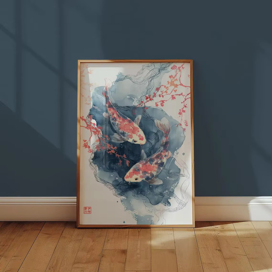 Wanddekoration von SHENCHEN im japanischen Aquarell-Stil mit bunten Koi-Fischen und Kirschblüten, mehrfarbig - Bild 2