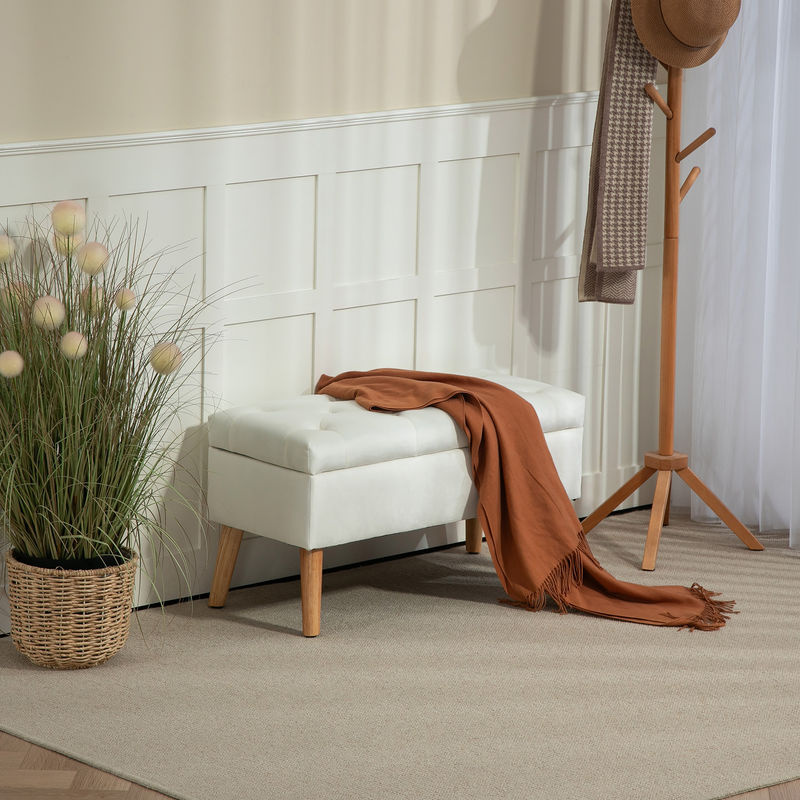 HOMCOM Sitzbank mit Stauraum aus Gummiholz in Weiß mit Samtoptik, B/T/H: 102 x 35 x 43 cm - Bild 2