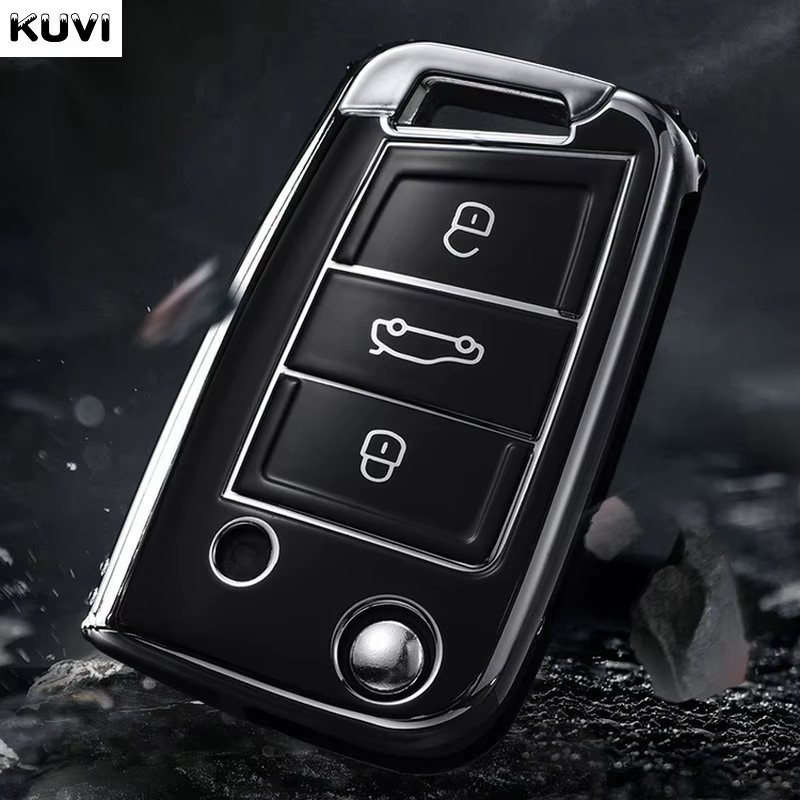 Kuvi TPU Auto Flip Schlüsselhülle für VW Golf 7 MK7, Tiguan MK2, SEAT Ateca, Leon FR2, Ibiza und Skoda Octavia A7 in Schwarz - Bild 4
