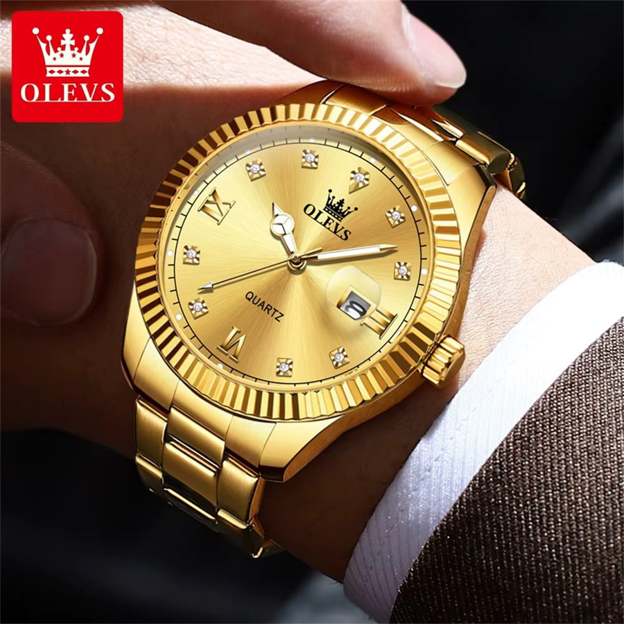 OLEVS Armbanduhr, Quarz, Edelstahl, Gold, Herren, Datum - Bild 5