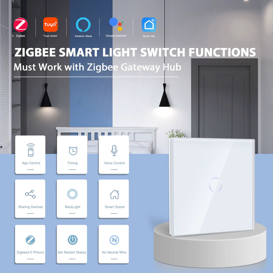 BSEED Zigbee Smart Licht Schalter mit Touch-Sensor, Tuya App Steuerung für Google Assistant und Alexa, Wand Schalter in Gold - Bild 2