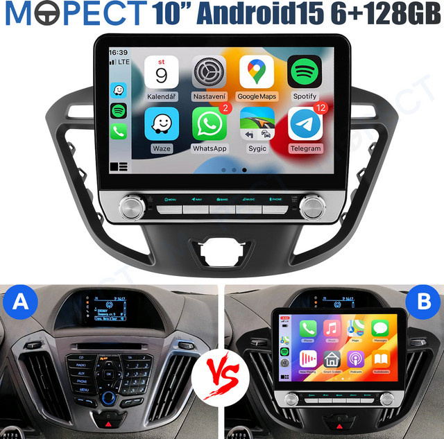 MOPECT Android 15 Autoradio für Ford Transit Custom 2013-2021 mit 10,1 Zoll Touchscreen, 6+128GB, 8-Kern, Wireless Carplay, 4G, GPS, Bluetooth, DAB und AHD Rückfahrkamera, Schwarz - Bild 1