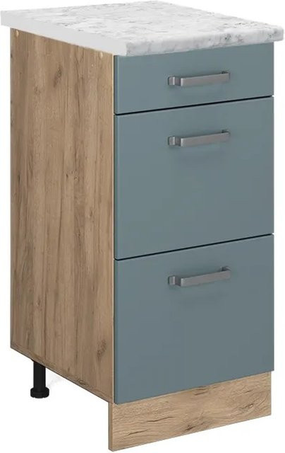 Vicco Küchenunterschrank R-Line Schubladenschrank in Blau-Grau mit Marmor-Optik, Breite: 40 cm, Höhe: 81,6 cm, Tiefe: 46 cm - Bild 1