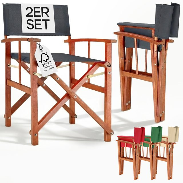 CASARIA Regiestuhl 2er-Set Anthrazit aus FSC-zertifiziertem Eukalyptusholz mit Armlehnen und UV-beständigem Polyester - Bild 1