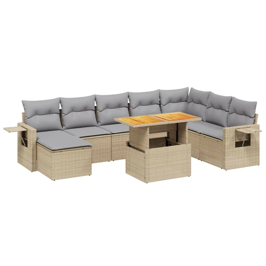 vidaXL 9-tlg Garten-Sofagarnitur in L-Form aus beige farbenem Poly-Rattan mit wetterfesten Kissen und Akazienholz - Bild 2
