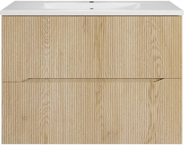 Vente-unique Einzelwaschtisch Oriso aus Keramik in Naturfarben Hell Beige, gerillt, Breite: 80 cm - Bild 1