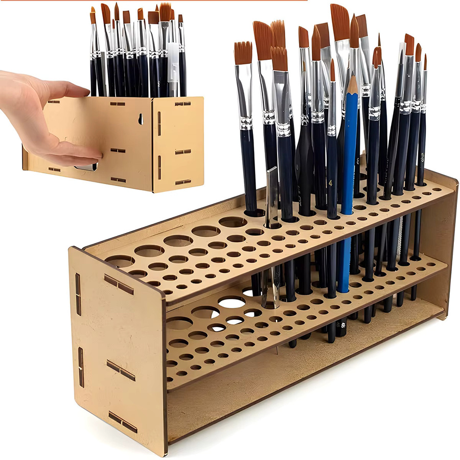 Holz Stift und Pinselhalter Organizer in Braun mit 67 bis 71 Löchern für Künstler und Studenten - Bild 3