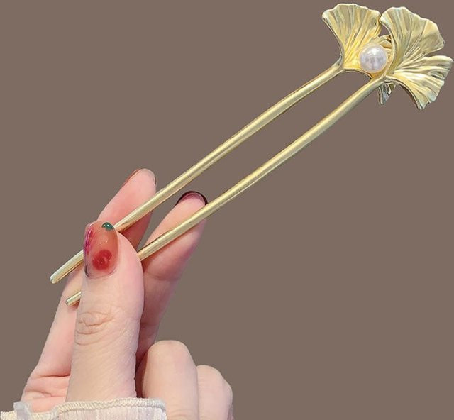 Haarstäbchen Ginkgo Blatt, U-Form, Perlen, goldgelb, Damen - Bild 1