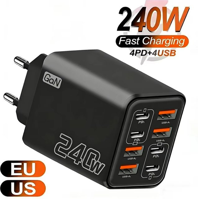 8-in-1 240W GaN USB-C Ladegerät Schwarz mit Schnellladefunktion für iPhone, Samsung und Xiaomi - Bild 1