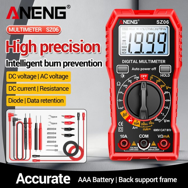 ANENG SZ06 Smart Digital Multimeter mit 2000 Zählungen für AC/DC Spannung, DC Strom und Ohm in Schwarz und Rot - Bild 1