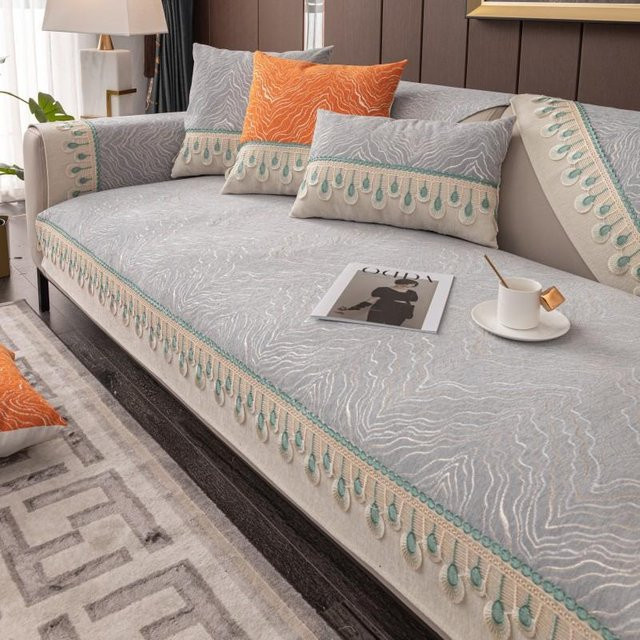 Chenille Seewellen-Jacquard Sofakissenbezug in Grau, rutschfest und waschbar, B/T/H: 70 x 70 x 0 cm - Bild 1