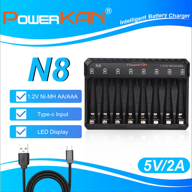 POWERKAN N8 Batterieladegerät in Schwarz mit LED-Anzeige für 8 Ni-MH und Ni-Cd Akkus (AA/AAA) via USB-C - Bild 1