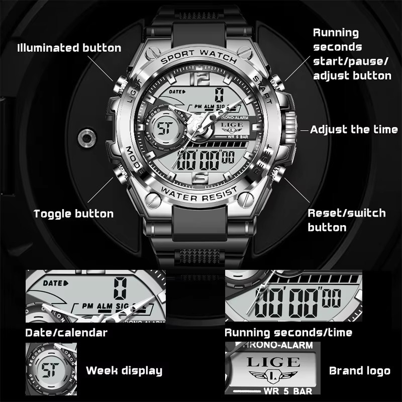 LIGE Digitaluhr, Quarz, Edelstahl, Schwarz, Herren - Bild 6