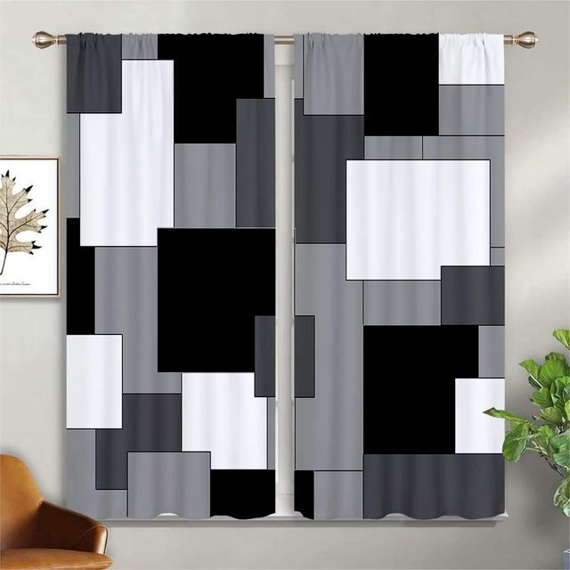 2er-Set moderne abstrakte Kunstvorhänge mit 3D-Design und Ösen, mehrfarbig, Polyester, Breite: 50 cm, Höhe: 130 cm - Bild 1