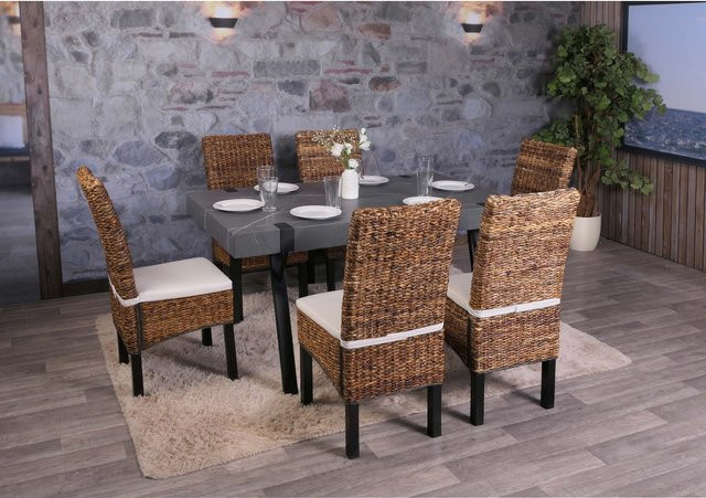 6er-Set Esszimmerstühle Loiret von MCW aus Korbgeflecht in Braun mit Kissen - Bild 1