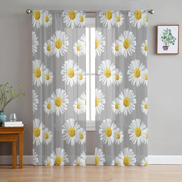 A Family Of Home Textiles Chiffon Vorhang mit weißem Gänseblümchen-Muster in Grau, transparent, B/H: 135 x 213 cm - Bild 1