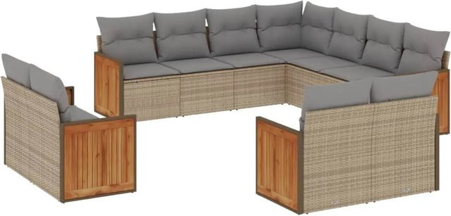 vidaXL 11-teilige Garten-Sofagarnitur in L-Form aus Polyrattan und Akazienholz mit Kissen in Beige-Grau - Bild 1