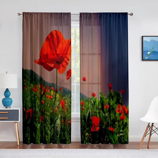 Transparente Tüllvorhänge mit rotem Mohnblumen-Blumenmuster in Rot und Grün, Breite: 100 cm, Höhe: 250 cm - Bild 1