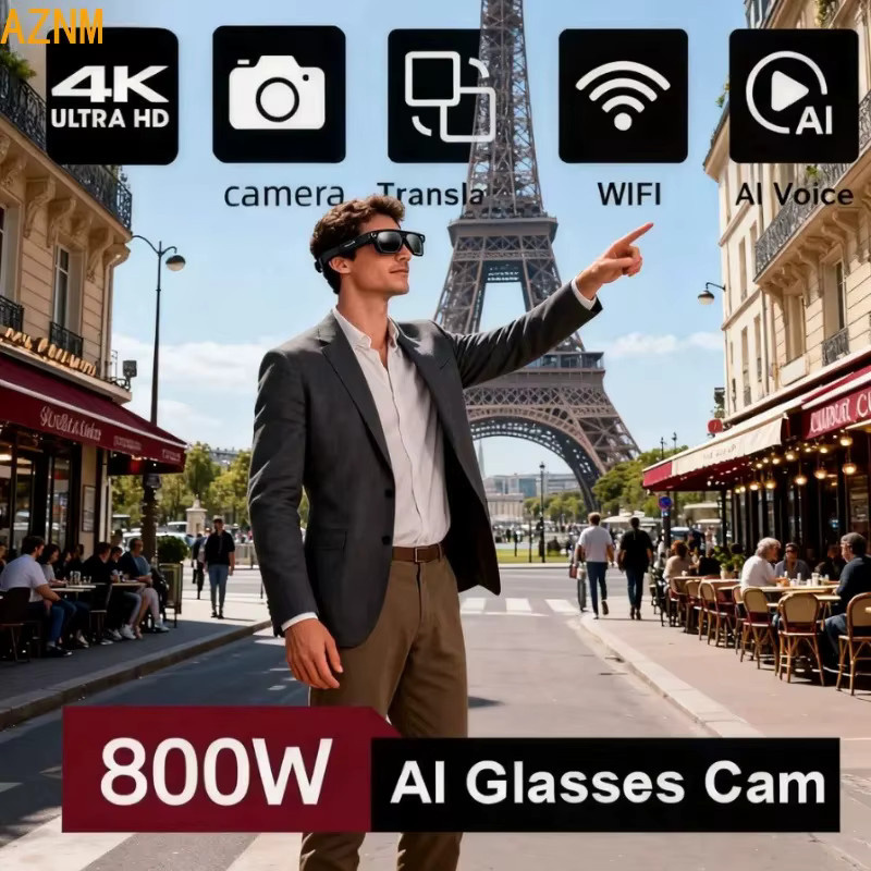 AZNM Intelligente KI-Brille für Herren in Schwarz mit Kamera, Übersetzungsfunktion, Foto- und Videoaufnahme sowie wasserfester Anruffunktion - Bild 2