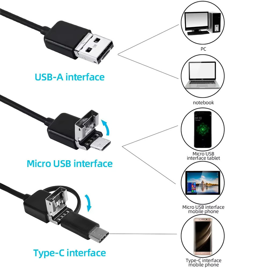 KERUI 3-in-1 Inspektionsendoskop Kamera mit USB-C, Micro-USB und USB-A Schnittstellen für Android-Smartphones und PC, Schwarz, 7 mm Durchmesser - Bild 3