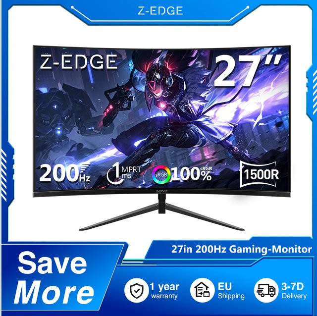 Z-EDGE 27 Zoll Curved Gaming Monitor Full HD, 200Hz, VA Panel, 1ms MPRT, HDR10, FreeSync, Schwarz - Bild 1