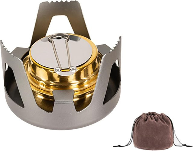 YTYIN Mini Spiritus-Alkoholofen Set aus Messing in Gold für Outdoor und Camping mit abnehmbarem Topfständer - Bild 1