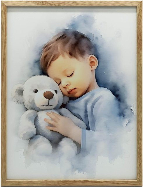 Wandbild Junge mit Kuschelbär von Marcin Zbijowski in dunkelbraunem Holzrahmen, Breite: 50 cm, Höhe: 70 cm - Bild 1